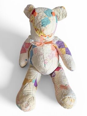 Vintage Hand Stitched Quilt Patchwork Teddy Bear 20” Colorful Cut Quilt Material